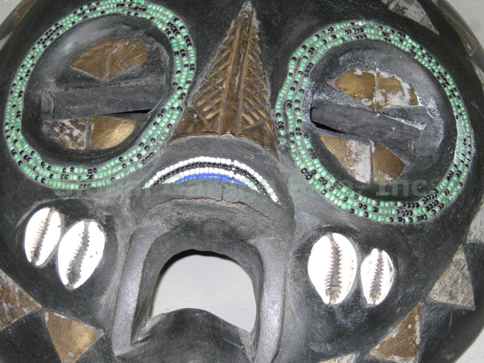 7 Vtg Ghana African Tribal Carved Wood Wall Decor Masks Set Lot Beaded W/ Shells 2