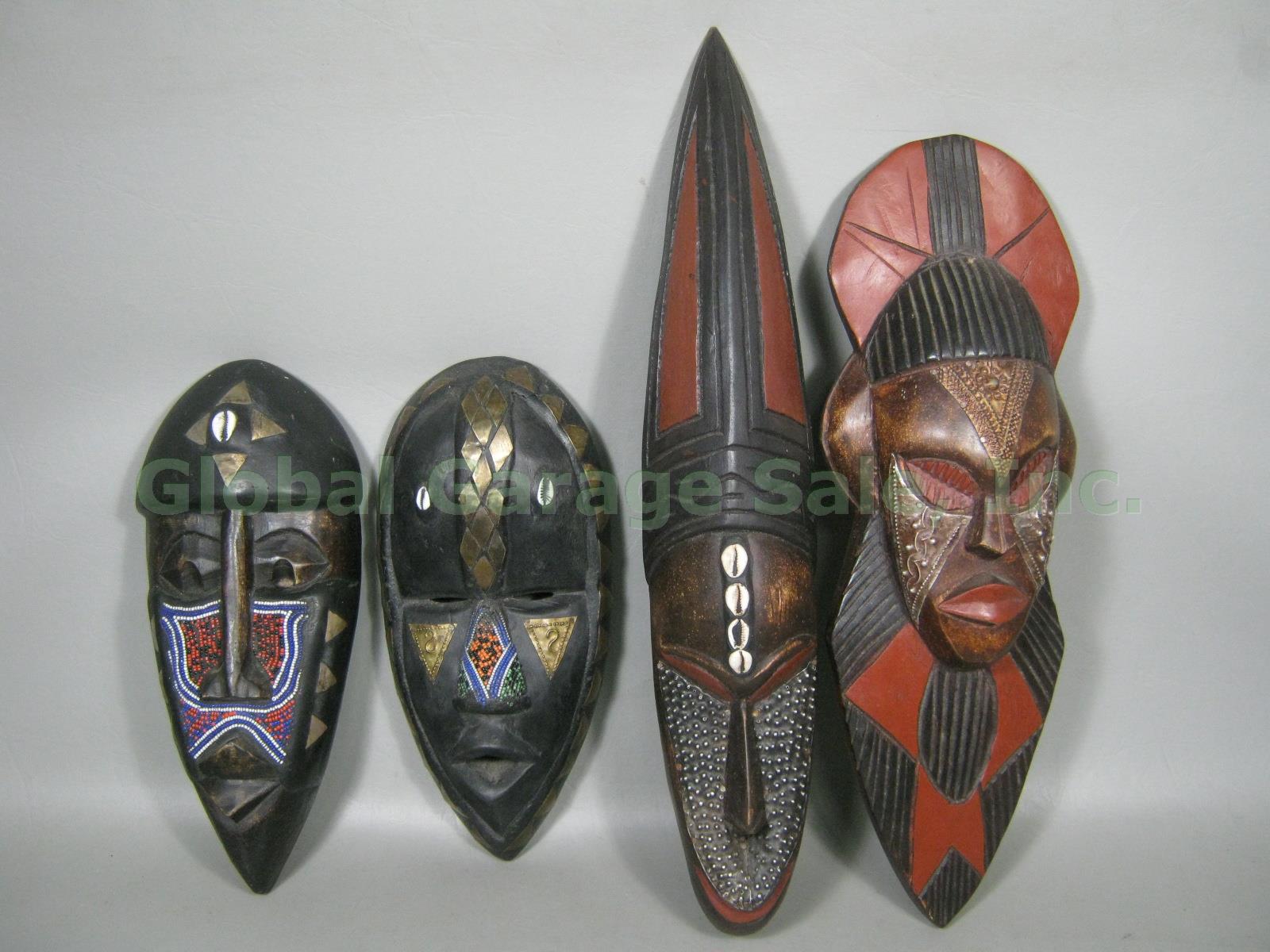 7 Vtg Ghana African Tribal Carved Wood Wall Decor Masks Set Lot Beaded W/ Shells 6