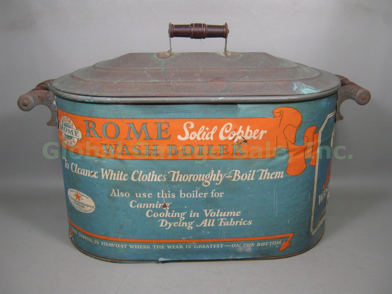 Vtg Rome Metal Ware #148 11.5 Gal Solid Copper Wash Boiler Tub W/ Handles + Lid