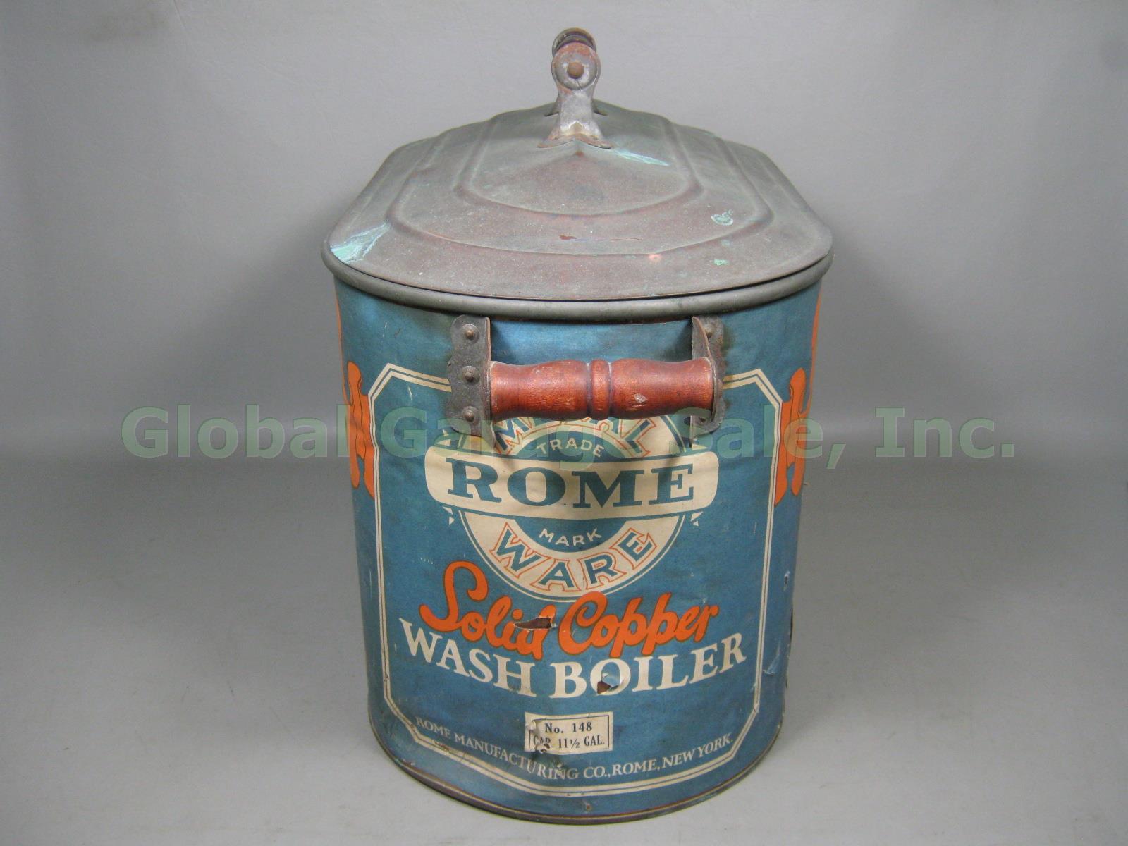 Vtg Rome Metal Ware #148 11.5 Gal Solid Copper Wash Boiler Tub W/ Handles + Lid 1