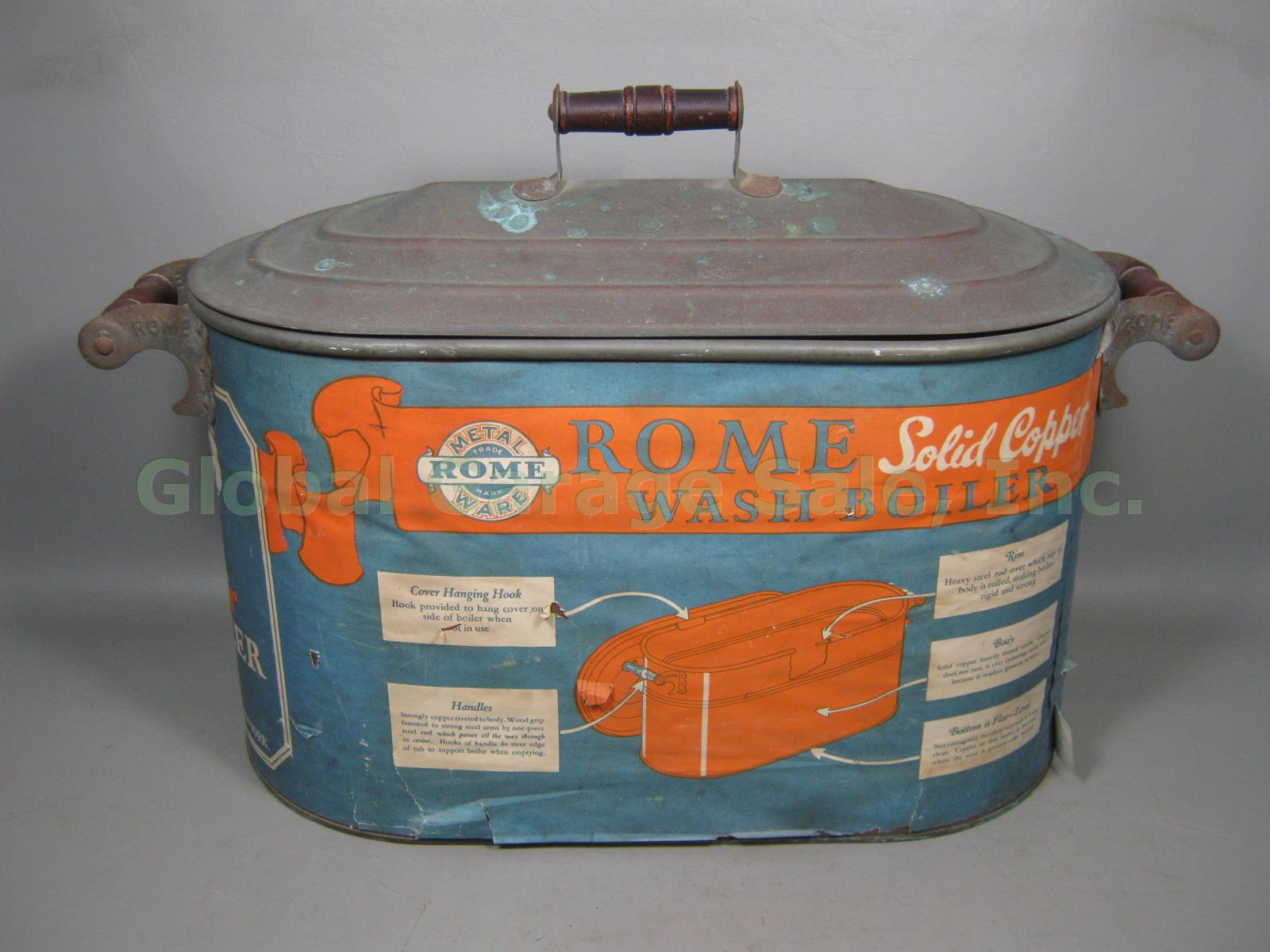 Vtg Rome Metal Ware #148 11.5 Gal Solid Copper Wash Boiler Tub W/ Handles + Lid 2