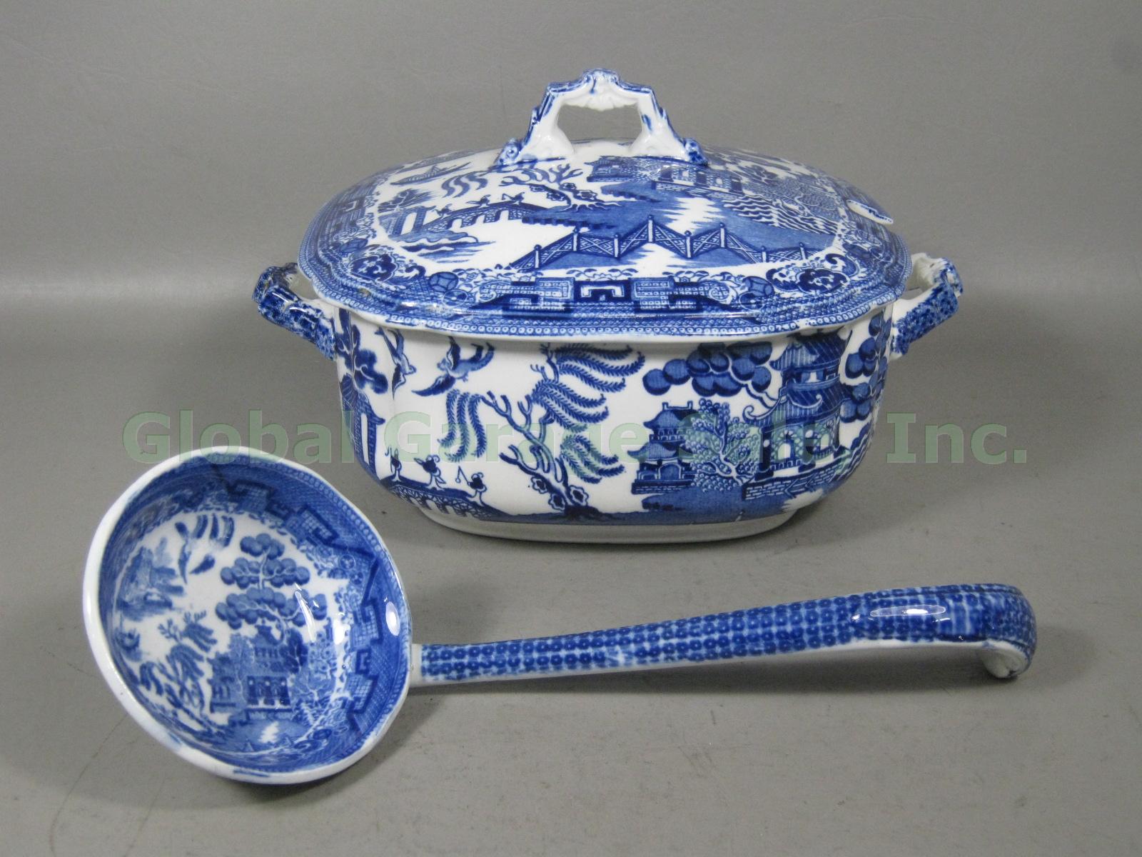 Antique Wedgwood Blue Willow 9" Soup Tureen + Ladle Transferware England EXC! NR