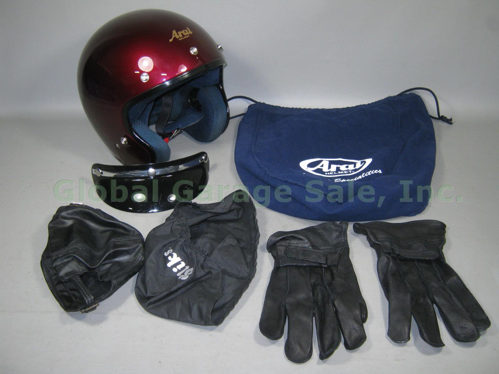 Arai Classic E Open Face Burgundy Motorcycle Helmet XL W/ Visor Gloves Cap Bag +