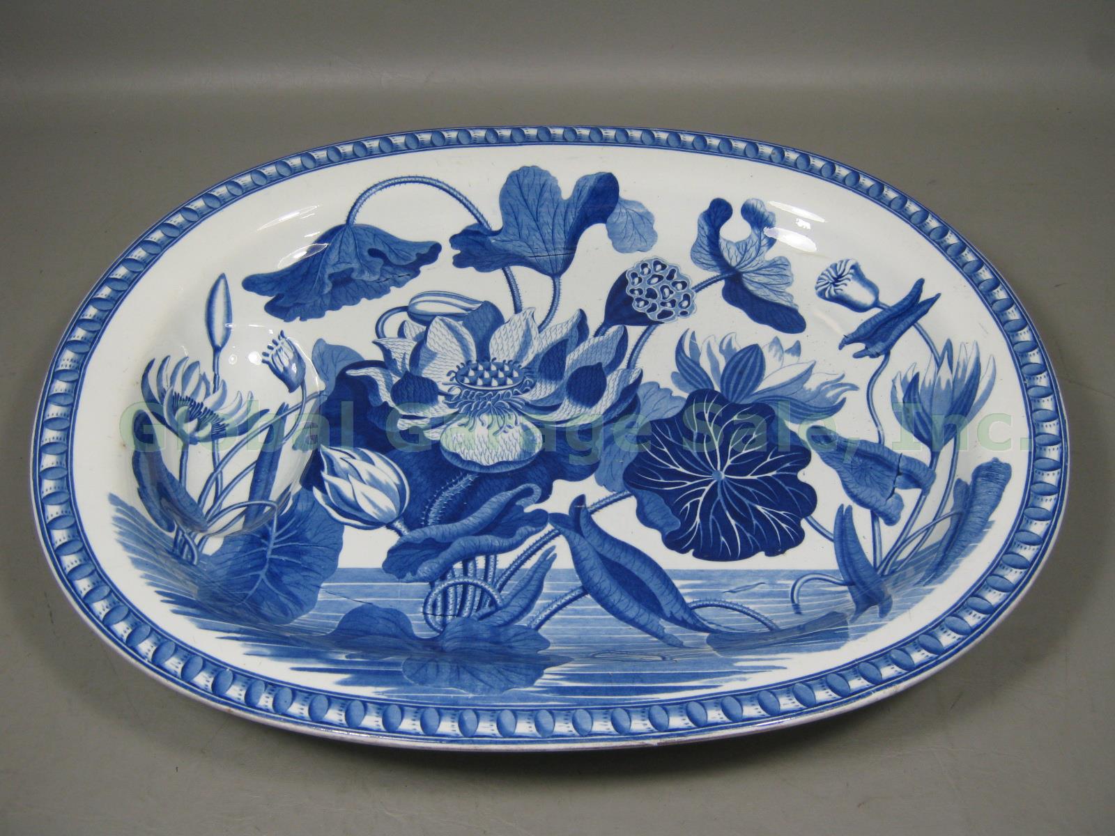 Rare Vtg Antique Wedgwood Blue Water Lily Turkey Serving Platter 20.5" c1810