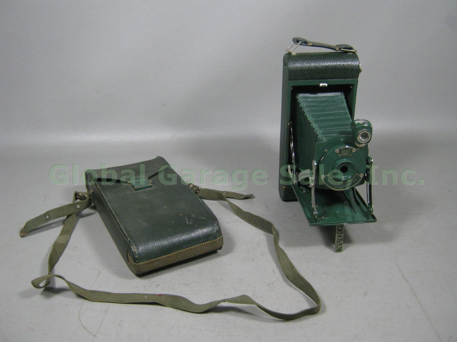 Vtg Antique Green Kodak Pocket Junior Jr 1A Folding Camera W/ Carrying Case NR!!