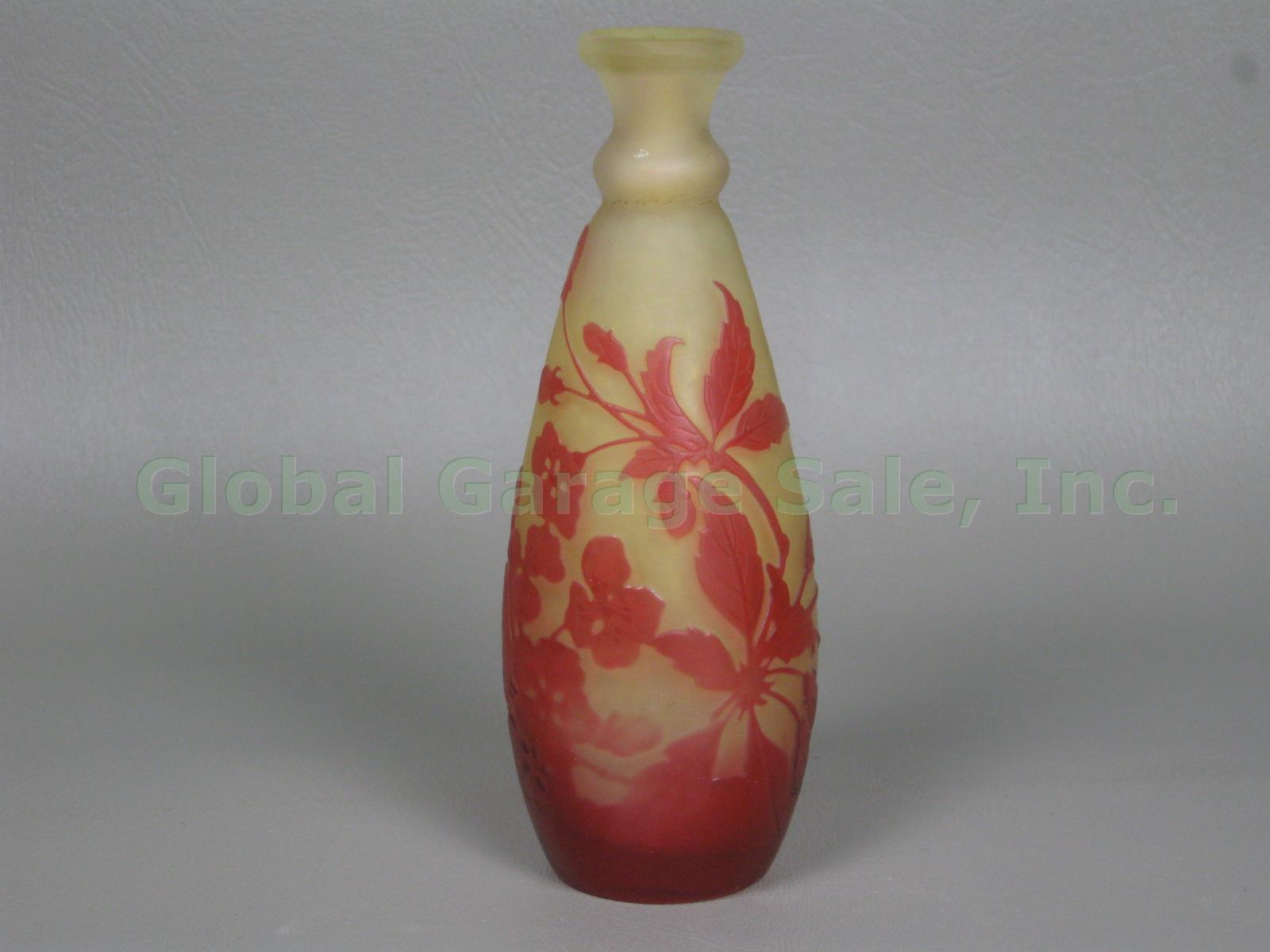 Antique Emile Galle Signed Cameo Art Glass Perfume Bottle Bud Vase Red & Yellow