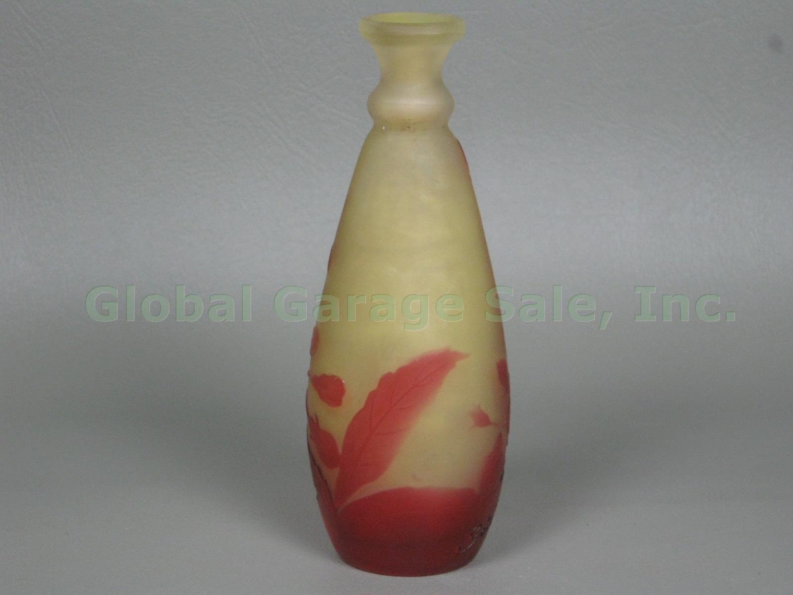 Antique Emile Galle Signed Cameo Art Glass Perfume Bottle Bud Vase Red & Yellow 4