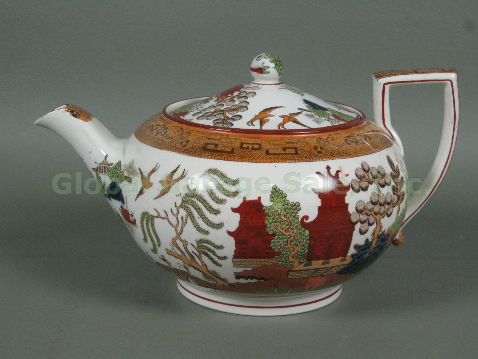 Vtg Antique Colorful Gaudy Blue Willow Pottery Teapot Tea Pot No Reserve Price! 2