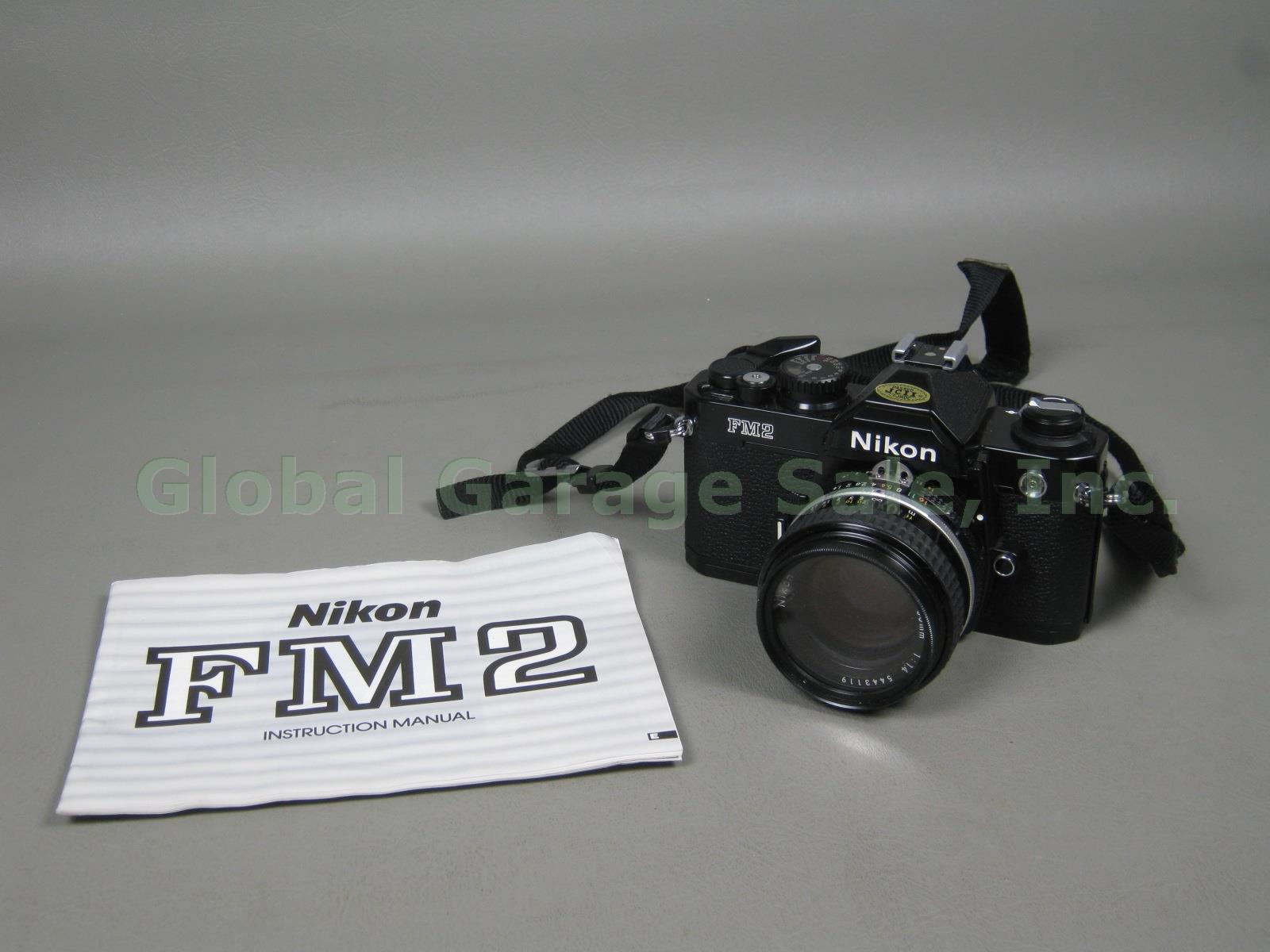 Vtg Black Nikon FM2 35mm SLR Film Camera Nikkor 50mm 1.4 Lens Bundle N7537080 NR