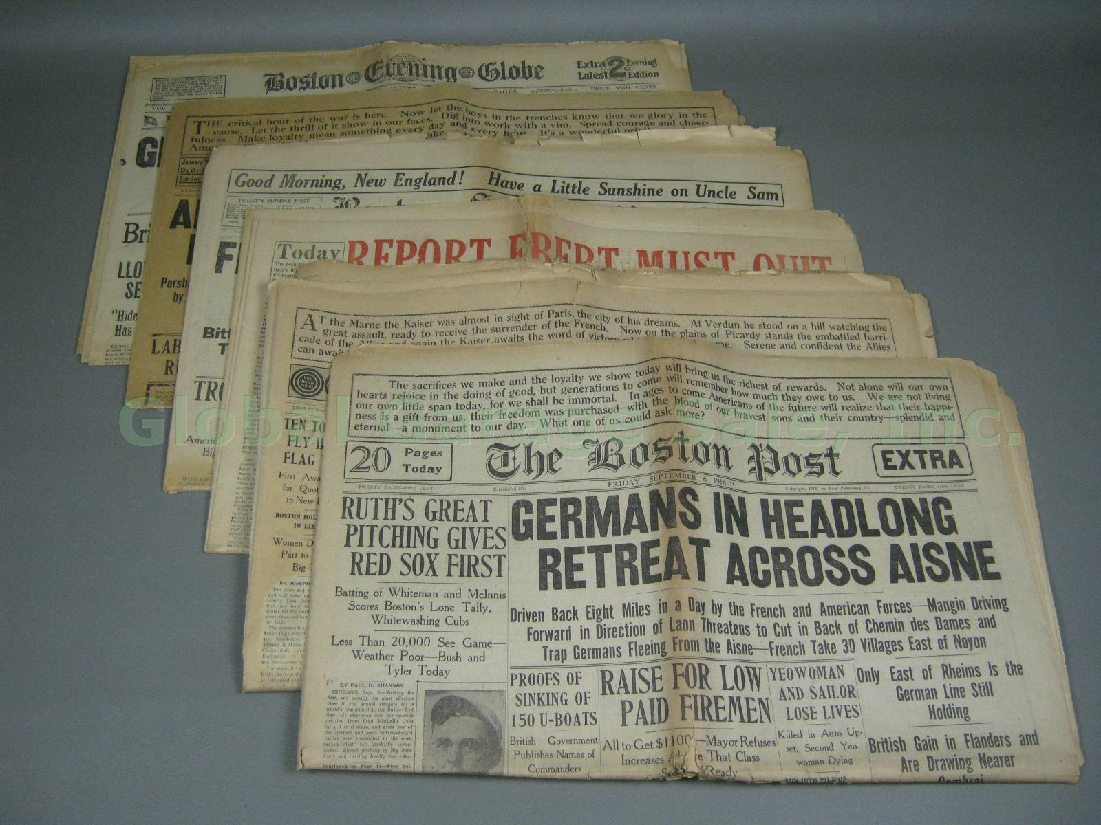 Boston Post 1918 Babe Ruth Photo Red Sox World Series Win + WWI Newspaper Lot NR