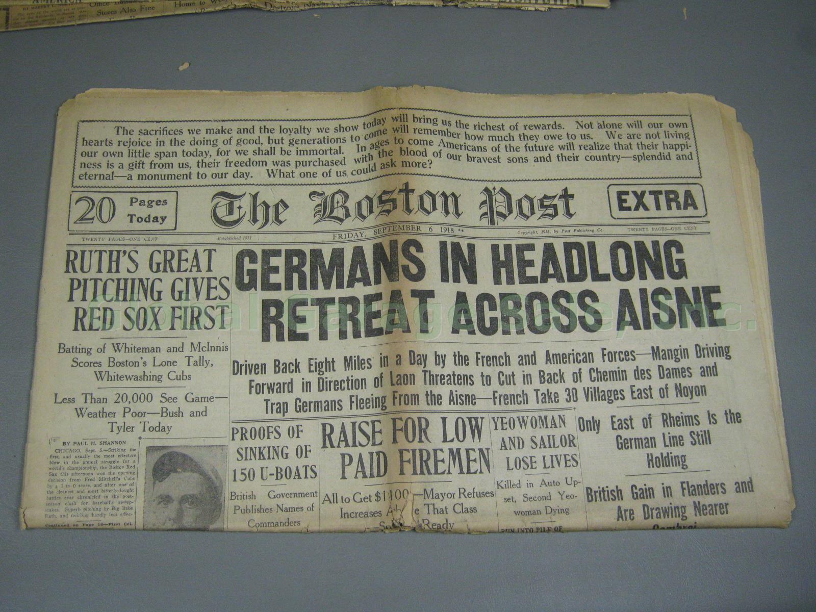 Boston Post 1918 Babe Ruth Photo Red Sox World Series Win + WWI Newspaper Lot NR 1