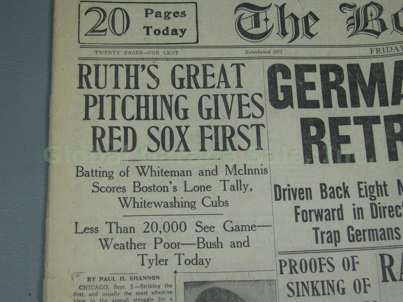Boston Post 1918 Babe Ruth Photo Red Sox World Series Win + WWI Newspaper Lot NR 2