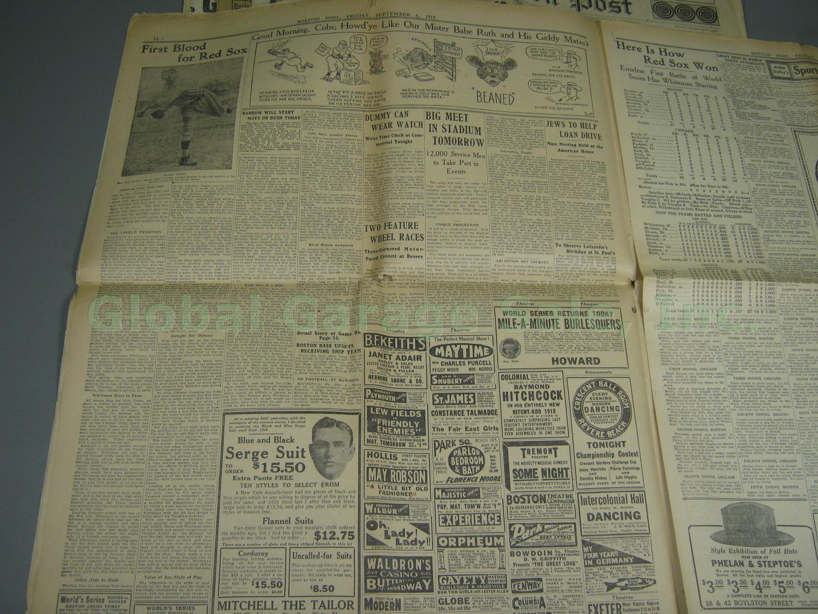 Boston Post 1918 Babe Ruth Photo Red Sox World Series Win + WWI Newspaper Lot NR 3