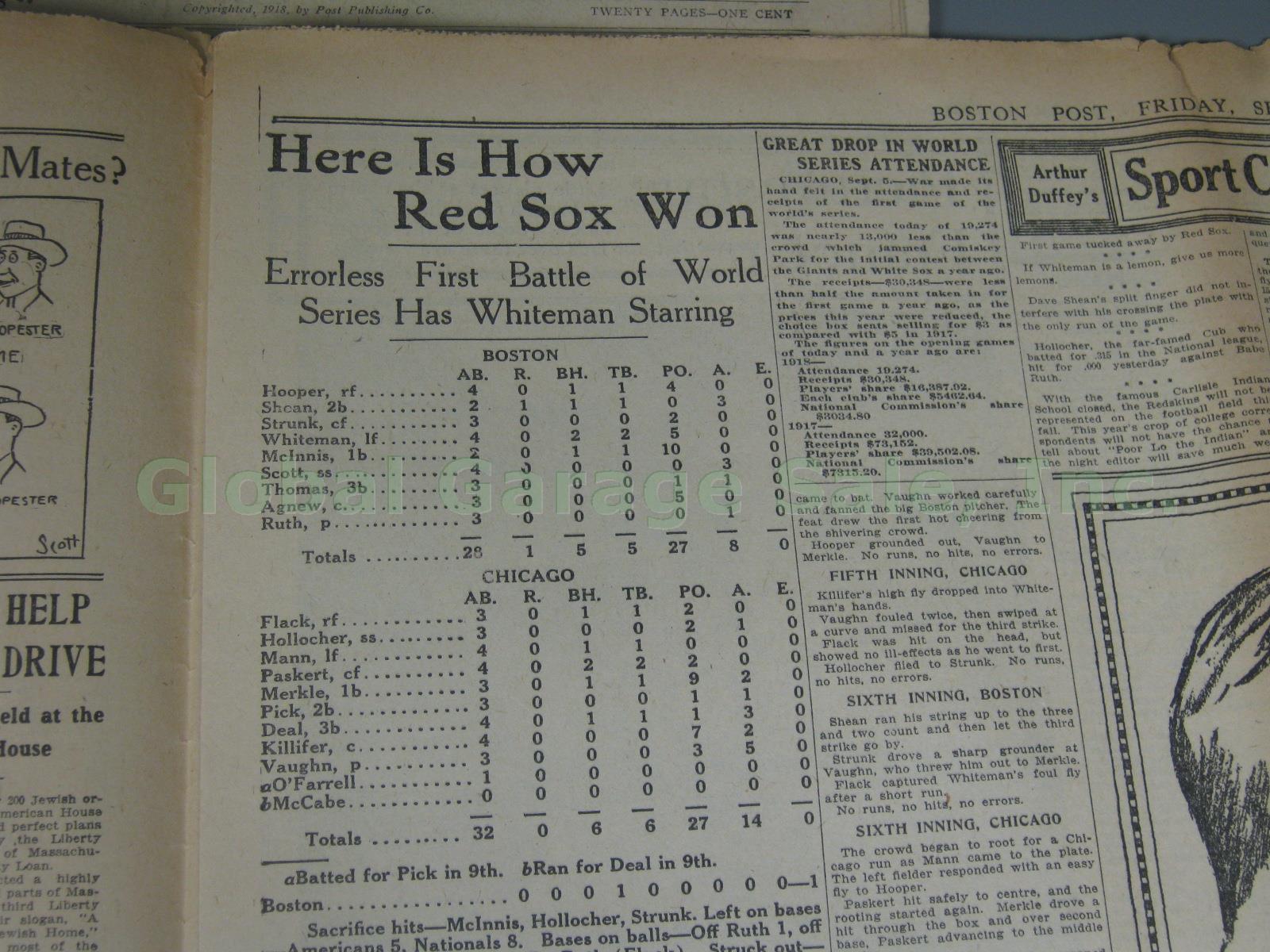 Boston Post 1918 Babe Ruth Photo Red Sox World Series Win + WWI Newspaper Lot NR 5