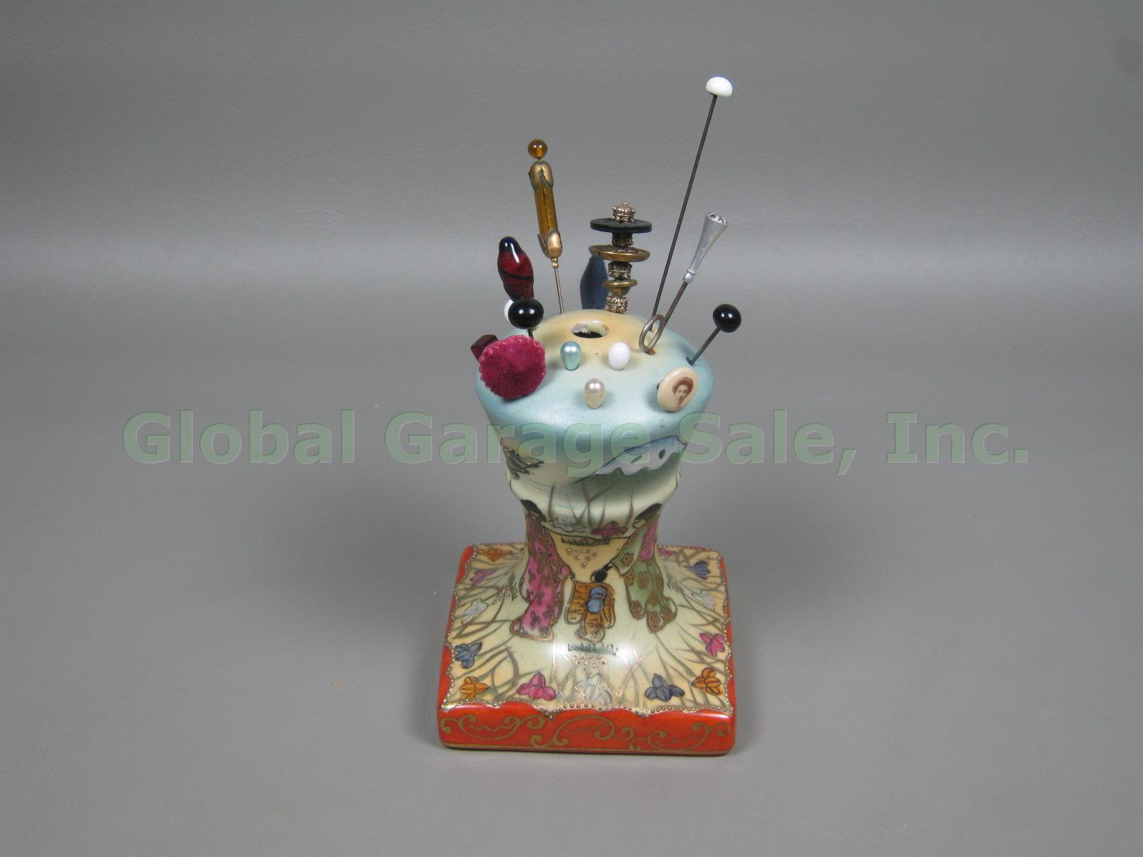 Vtg Antique Hand Painted Nippon Porcelain Hat Hair Pin Holder + 16 Pin Lot Japan