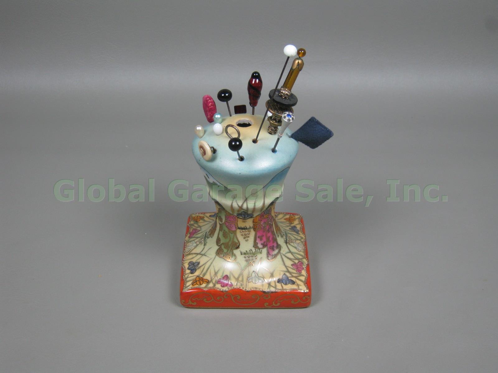 Vtg Antique Hand Painted Nippon Porcelain Hat Hair Pin Holder + 16 Pin Lot Japan 1