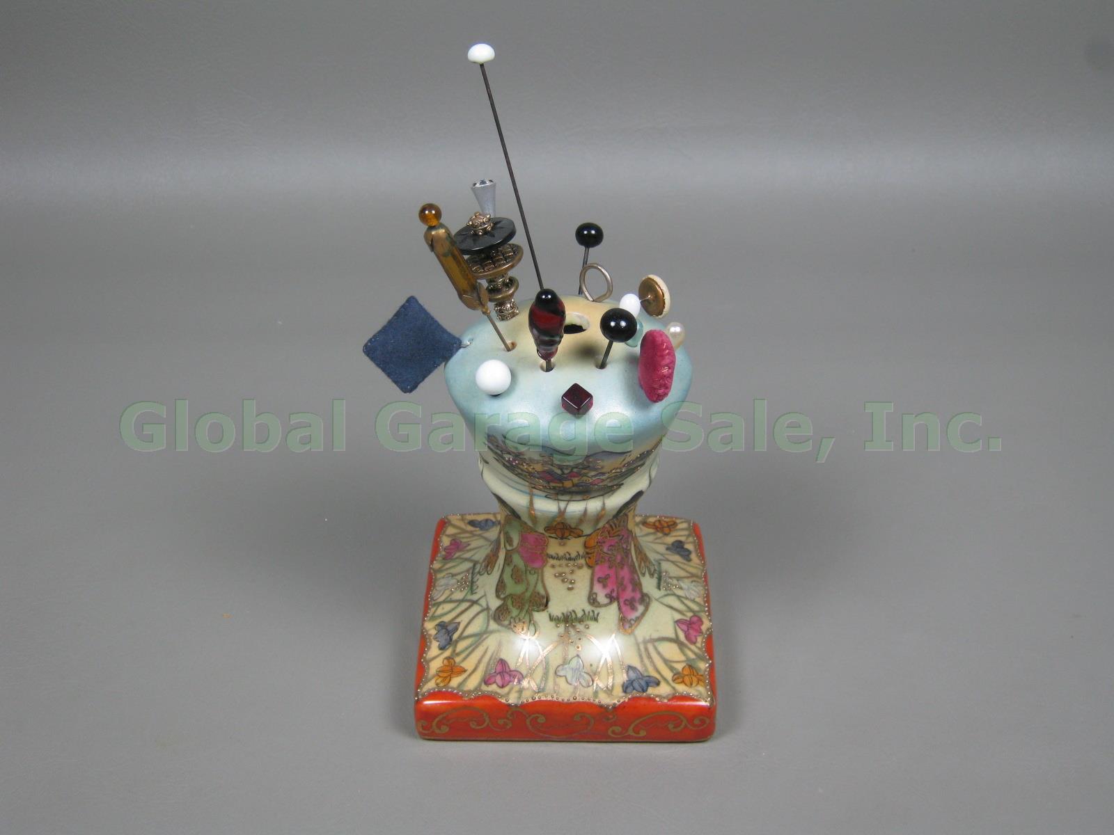 Vtg Antique Hand Painted Nippon Porcelain Hat Hair Pin Holder + 16 Pin Lot Japan 3