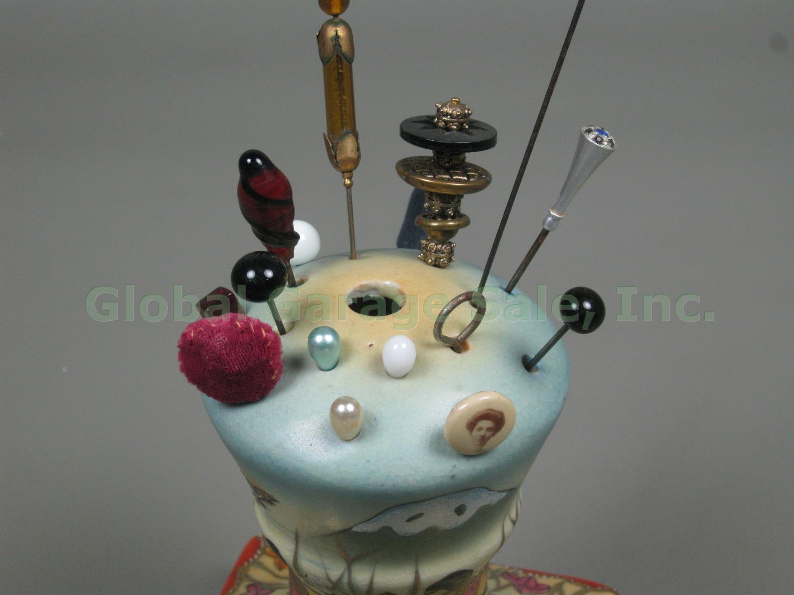 Vtg Antique Hand Painted Nippon Porcelain Hat Hair Pin Holder + 16 Pin Lot Japan 4