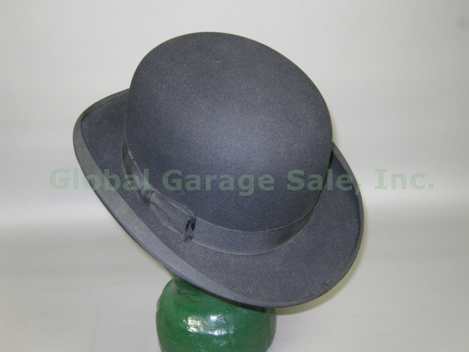 Mens Vtg Antique John B Stetson Black Felt Bowler Derby Hat 7 1/8 NO RESERVE BID 2