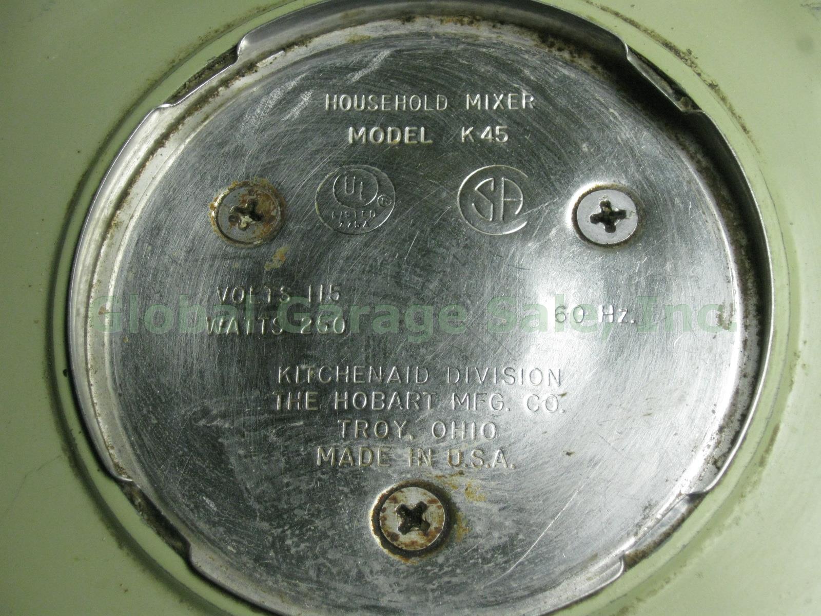 Vtg Green Hobart Kitchenaid K45 6 Speed 250 Watt Stand Mixer W/ 3 Mixing Bowls + 5