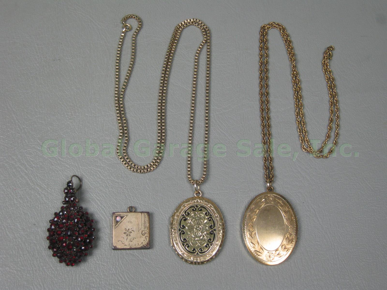 4 Vintage Antique Photo Lockets Garnet Opal Etched Necklace Pendants Jewelry Lot
