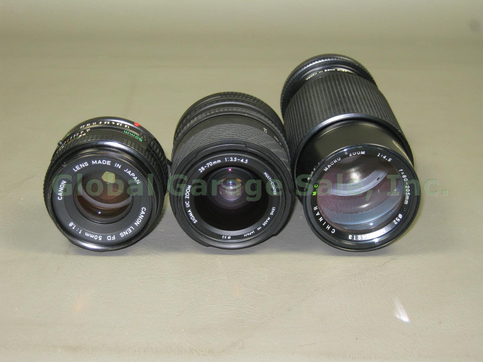 Canon AE-1 Program SLR FD 50mm Sigma 28-70 80-205 Macro Zoom Lens Case Bundle NR 5