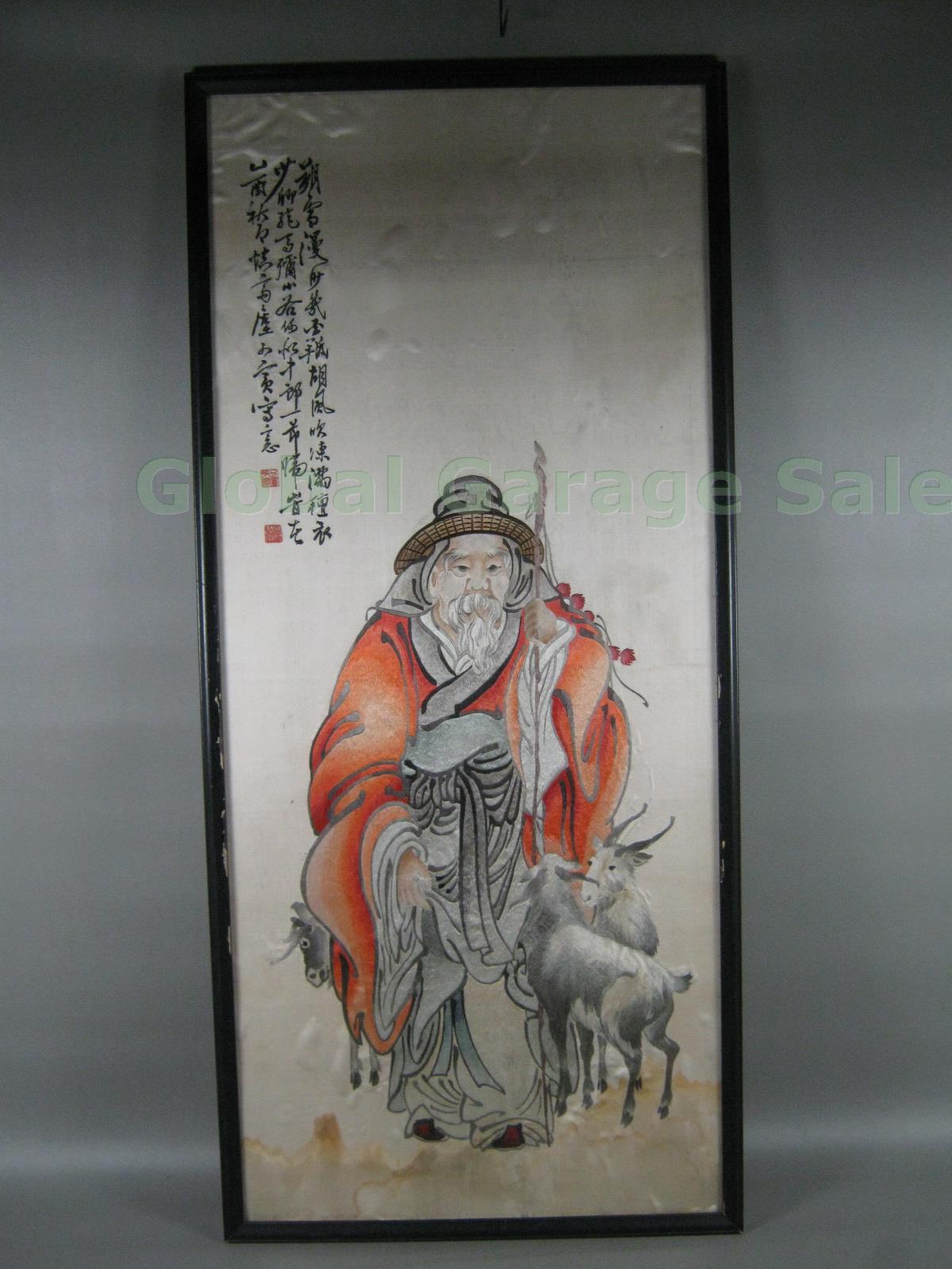 Vtg Antique Japanese Signed Silk Embroidery Tapestry Painting Goat Herder 18"x41