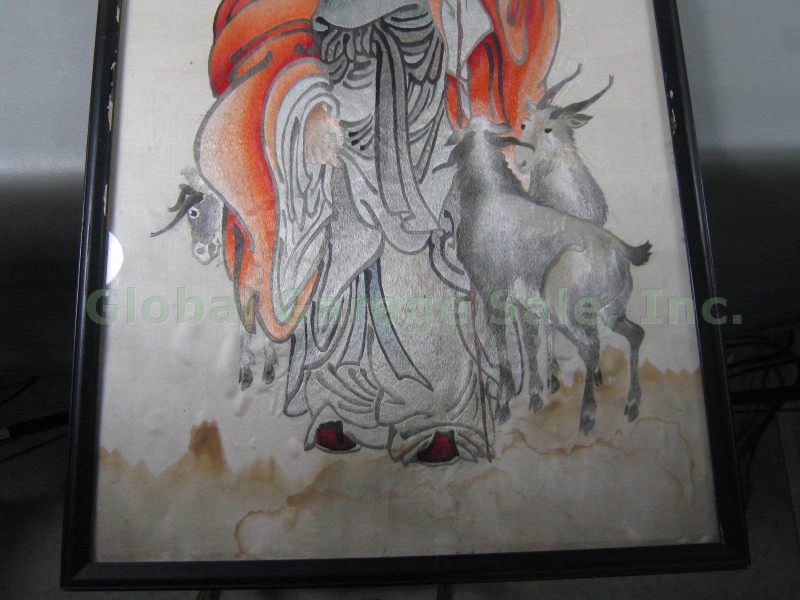 Vtg Antique Japanese Signed Silk Embroidery Tapestry Painting Goat Herder 18"x41 3