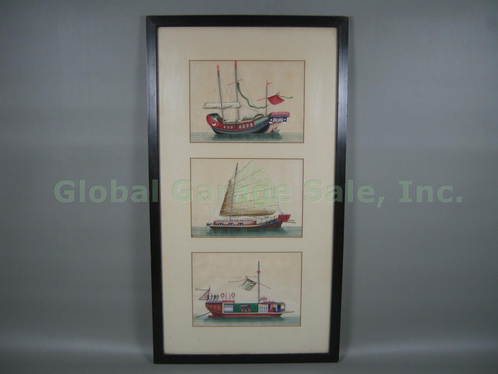 3 Vtg Antique Chinese Watercolor Paintings On Pith Rice Paper Boat 28.25" Framed