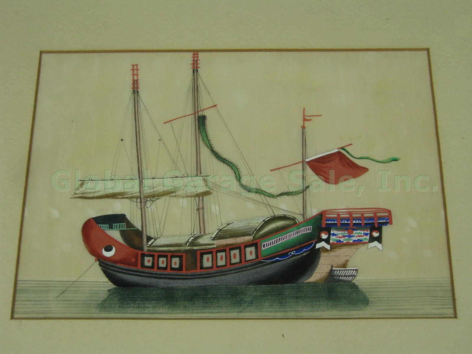 3 Vtg Antique Chinese Watercolor Paintings On Pith Rice Paper Boat 28.25" Framed 1