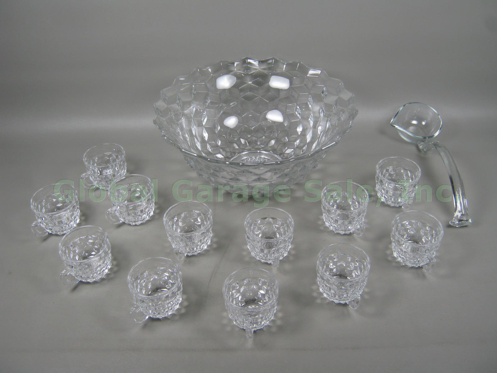 Vtg 14.5" Fostoria Early American Clear Glass Crystal Punch Bowl + 12 Cups Ladle