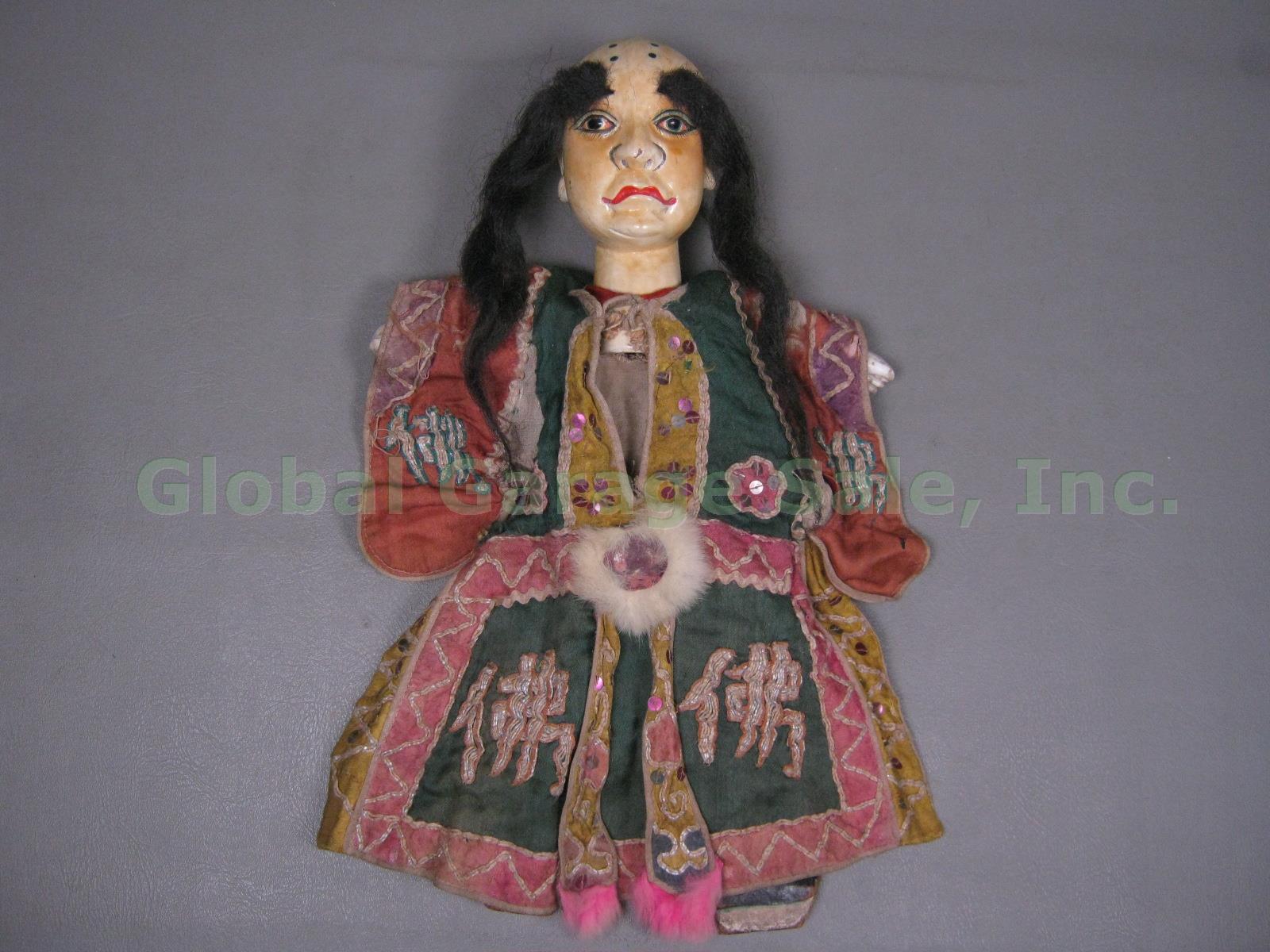 Antique Chinese 16" Puppet Doll Marionette Wooden Head Silk Clothing Human Hair?