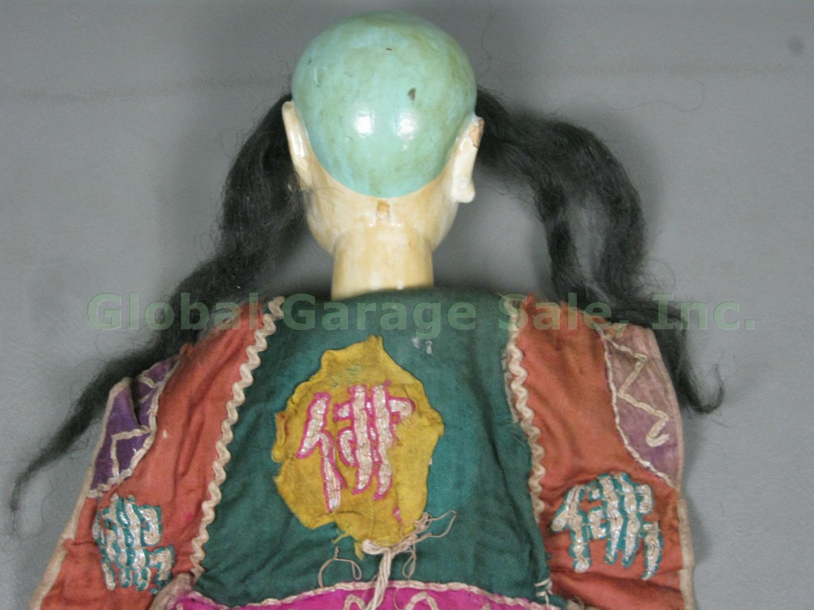 Antique Chinese 16" Puppet Doll Marionette Wooden Head Silk Clothing Human Hair? 11