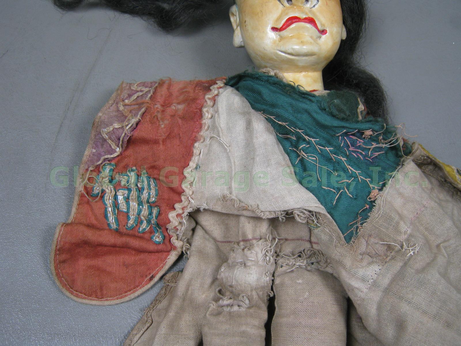Antique Chinese 16" Puppet Doll Marionette Wooden Head Silk Clothing Human Hair? 24
