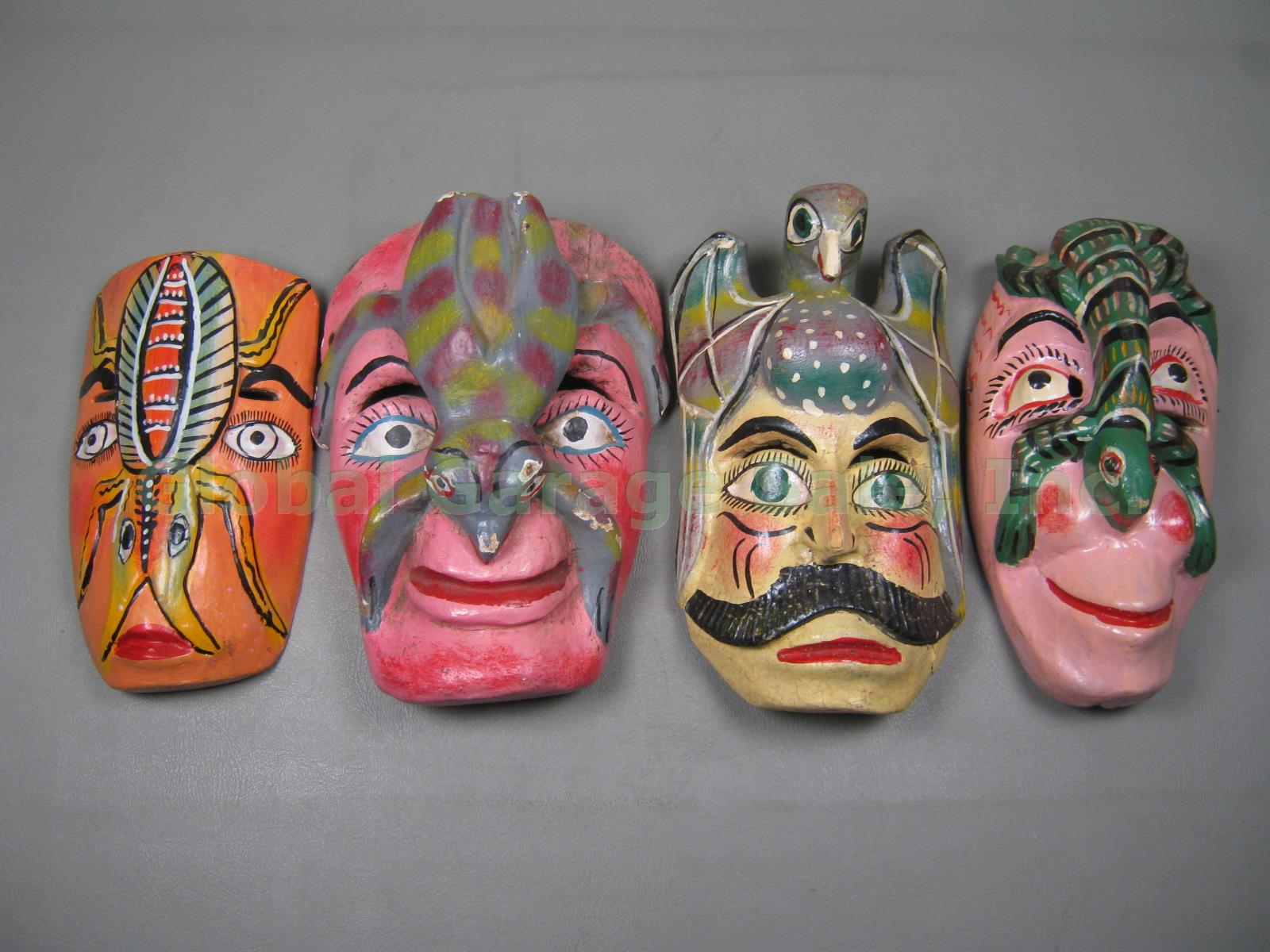 4 Vintage Mexican Hand Carved Wood Wooden Folk Art Dance Masks Bird Lizard Bugs
