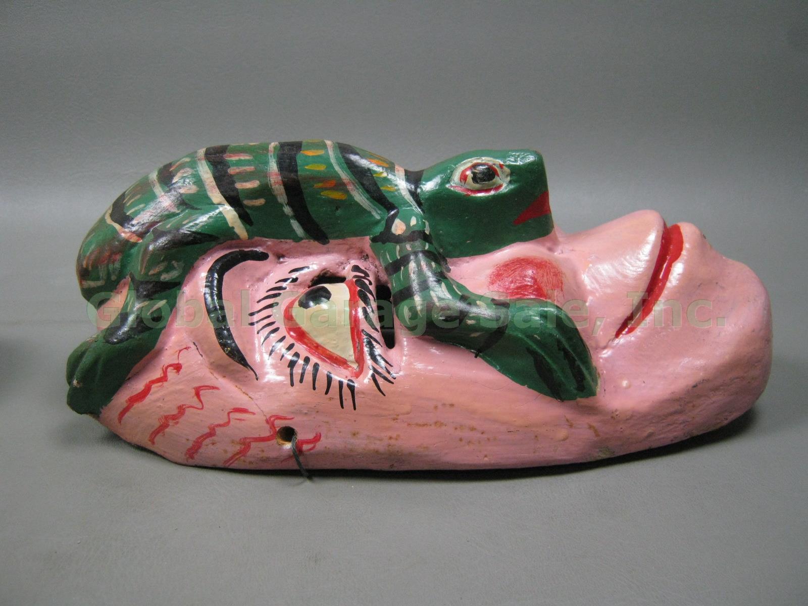 4 Vintage Mexican Hand Carved Wood Wooden Folk Art Dance Masks Bird Lizard Bugs 3