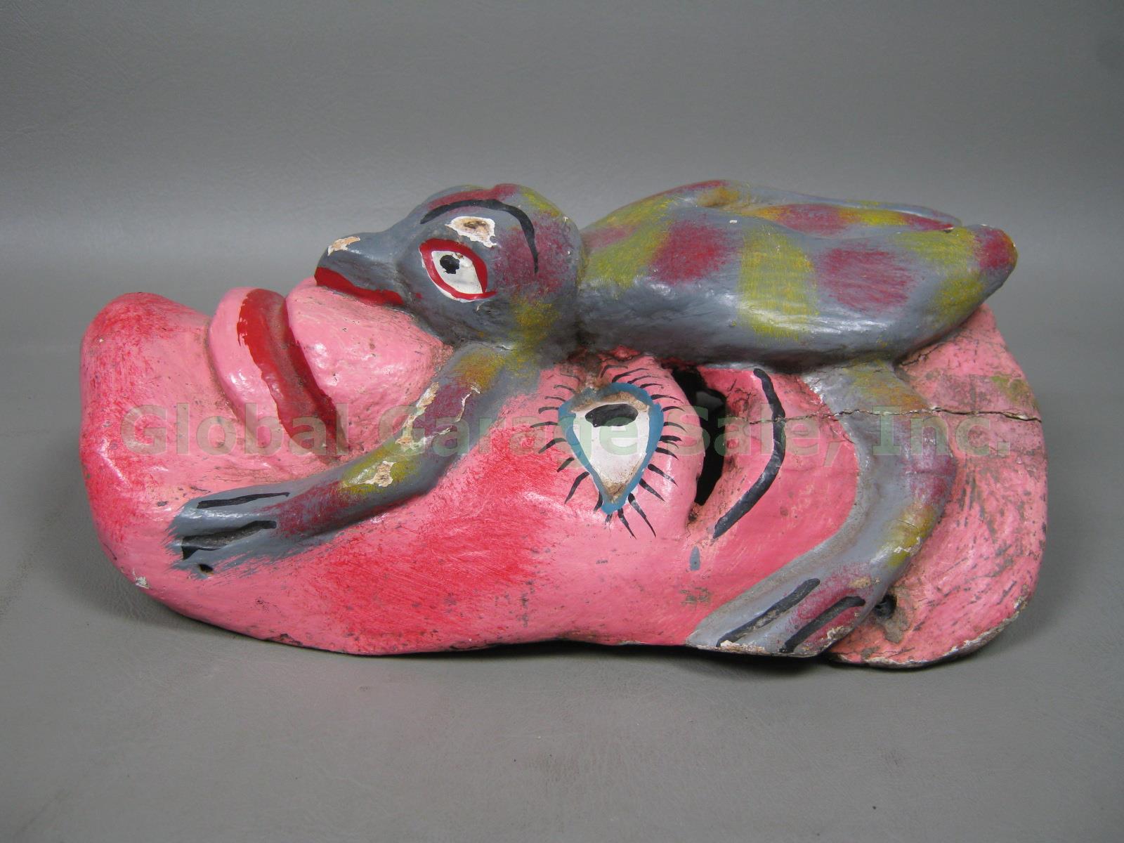 4 Vintage Mexican Hand Carved Wood Wooden Folk Art Dance Masks Bird Lizard Bugs 8