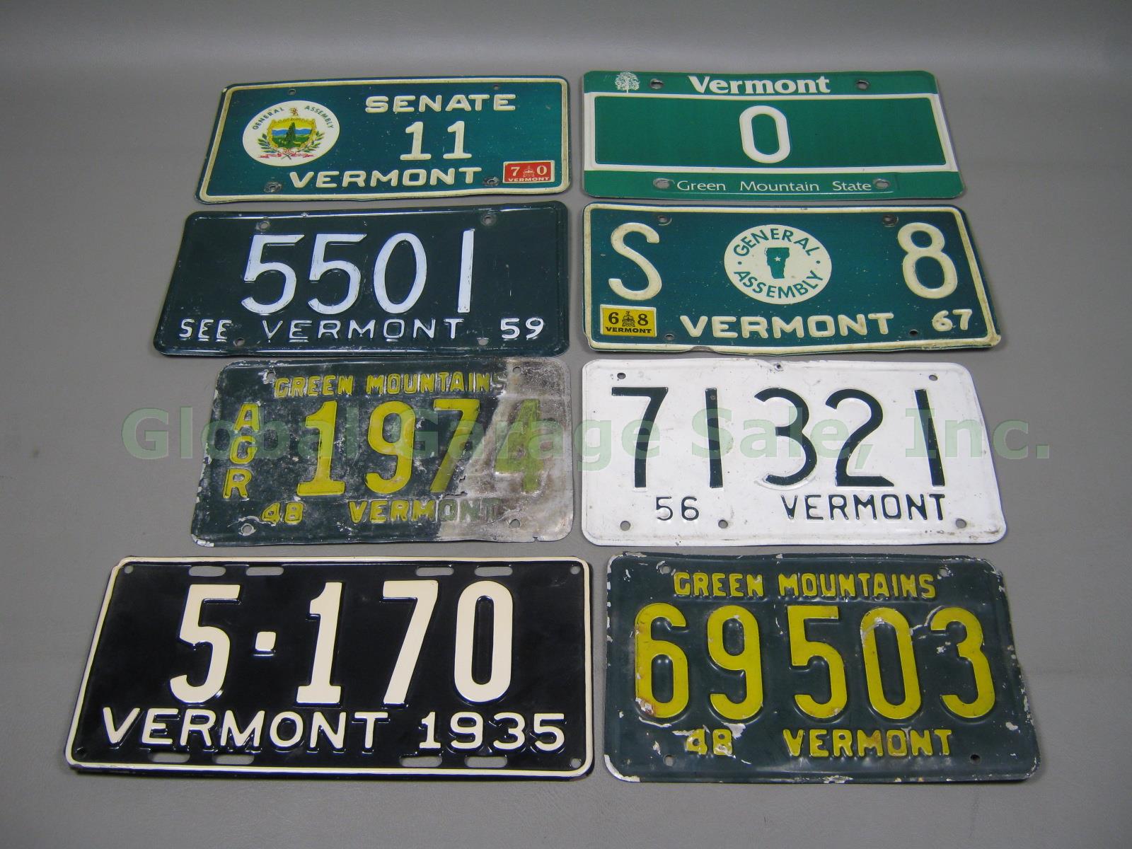 8 Vermont License Plate Tag Lot 1935 1948 AGR 1956 1959 1967 1970 Zero Vanity NR