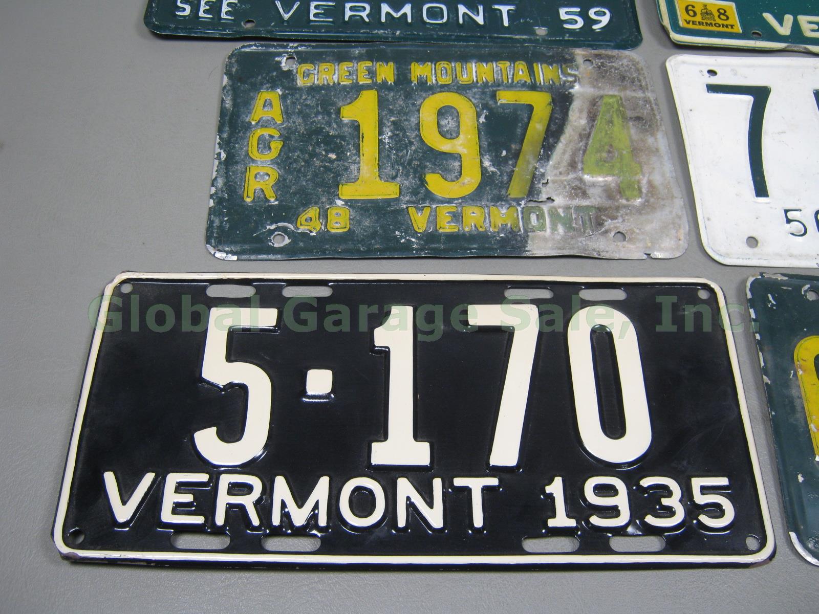 8 Vermont License Plate Tag Lot 1935 1948 AGR 1956 1959 1967 1970 Zero Vanity NR 1