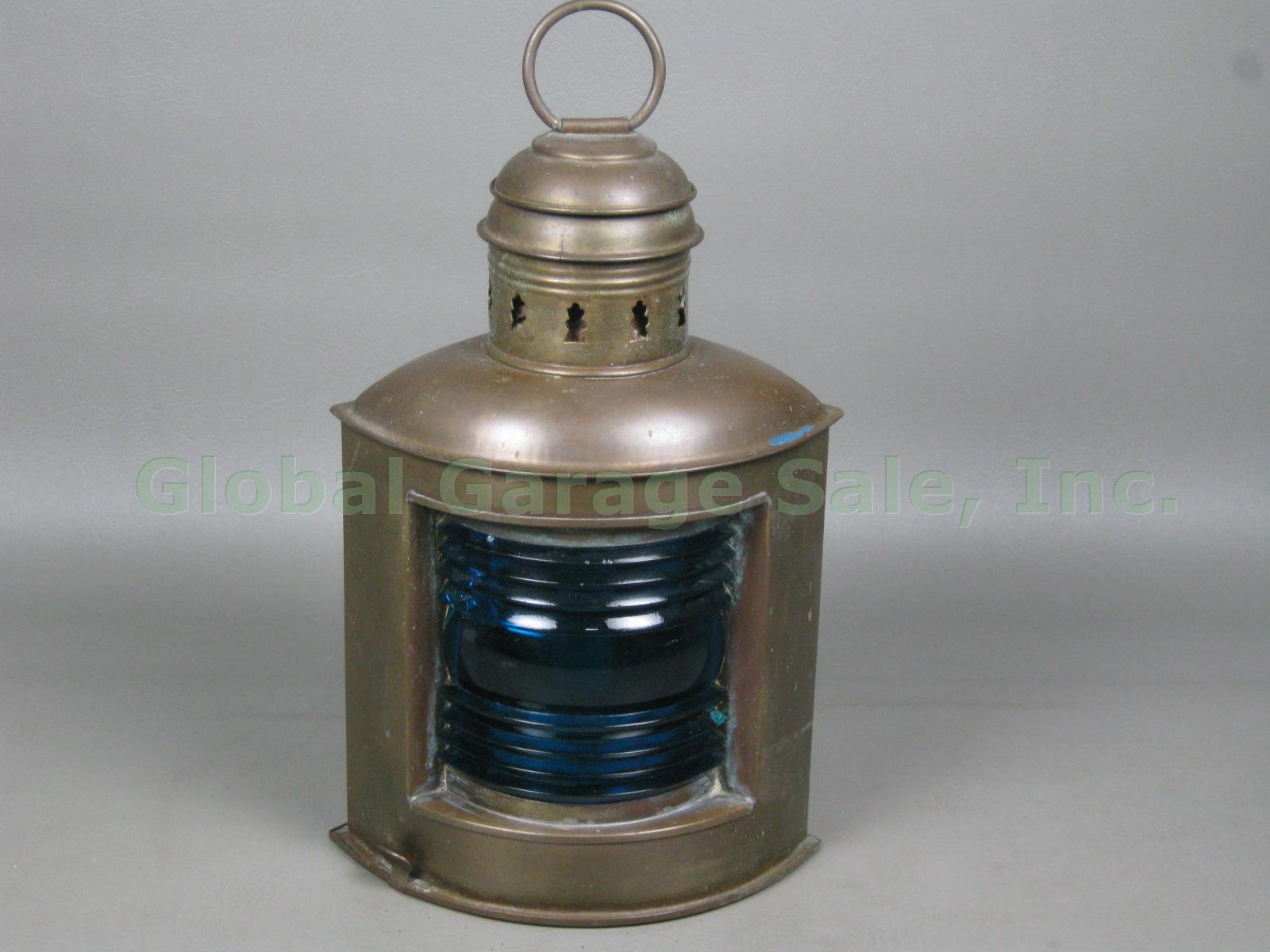 Vtg Antique Brass Maritime Ships Corner Lantern Blue Glass Woolcox Crittenden NR