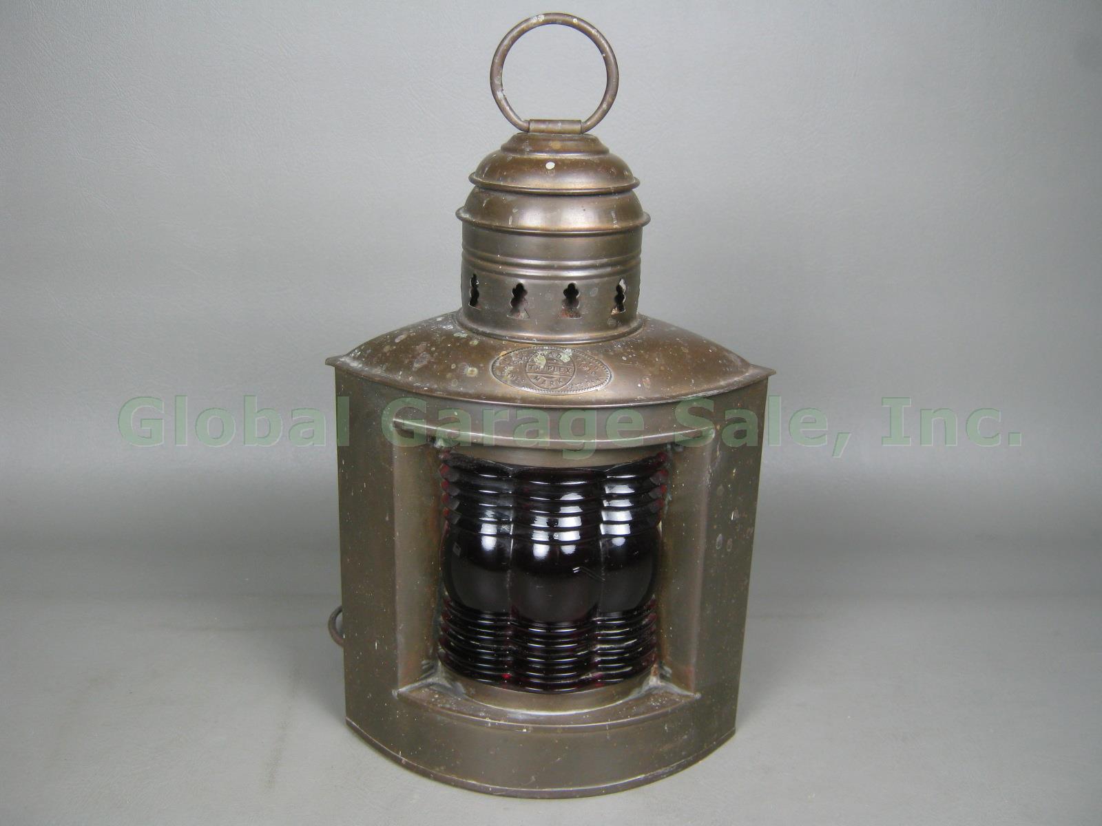 Antique Triplex Brass Maritime Ships Corner Lantern Red Glass Patent 1910 NR!