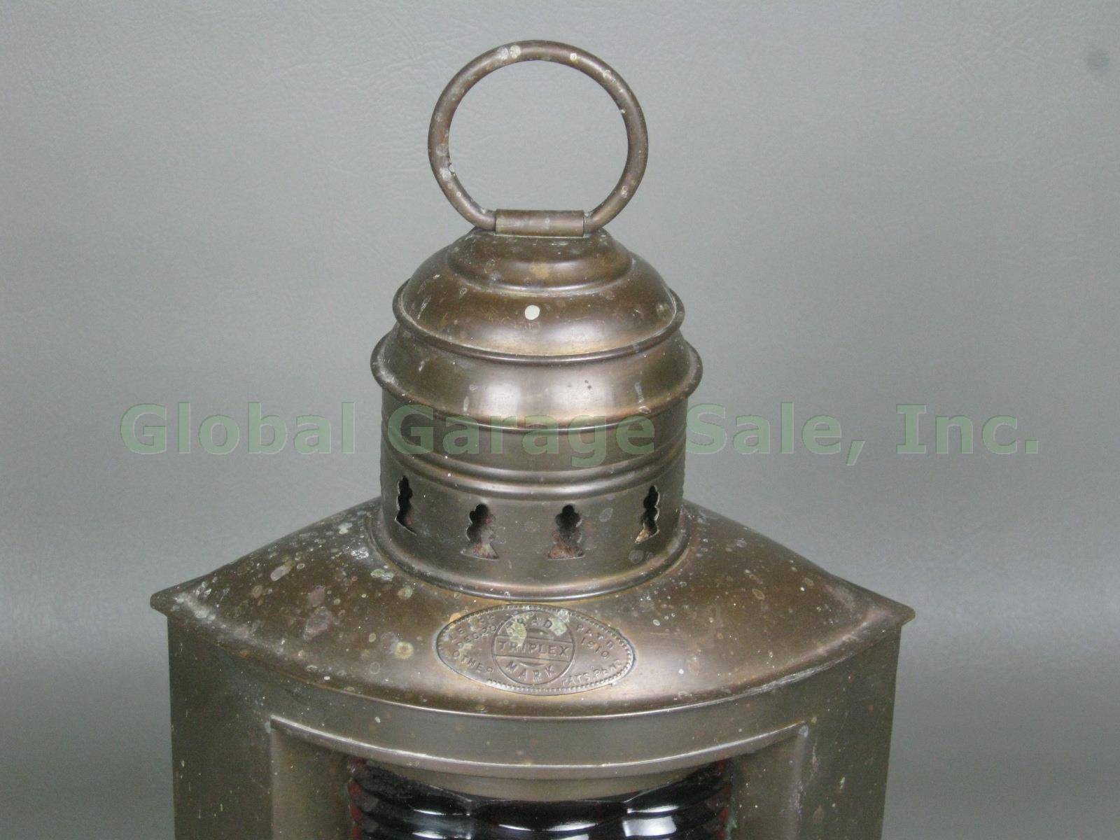 Antique Triplex Brass Maritime Ships Corner Lantern Red Glass Patent 1910 NR! 1