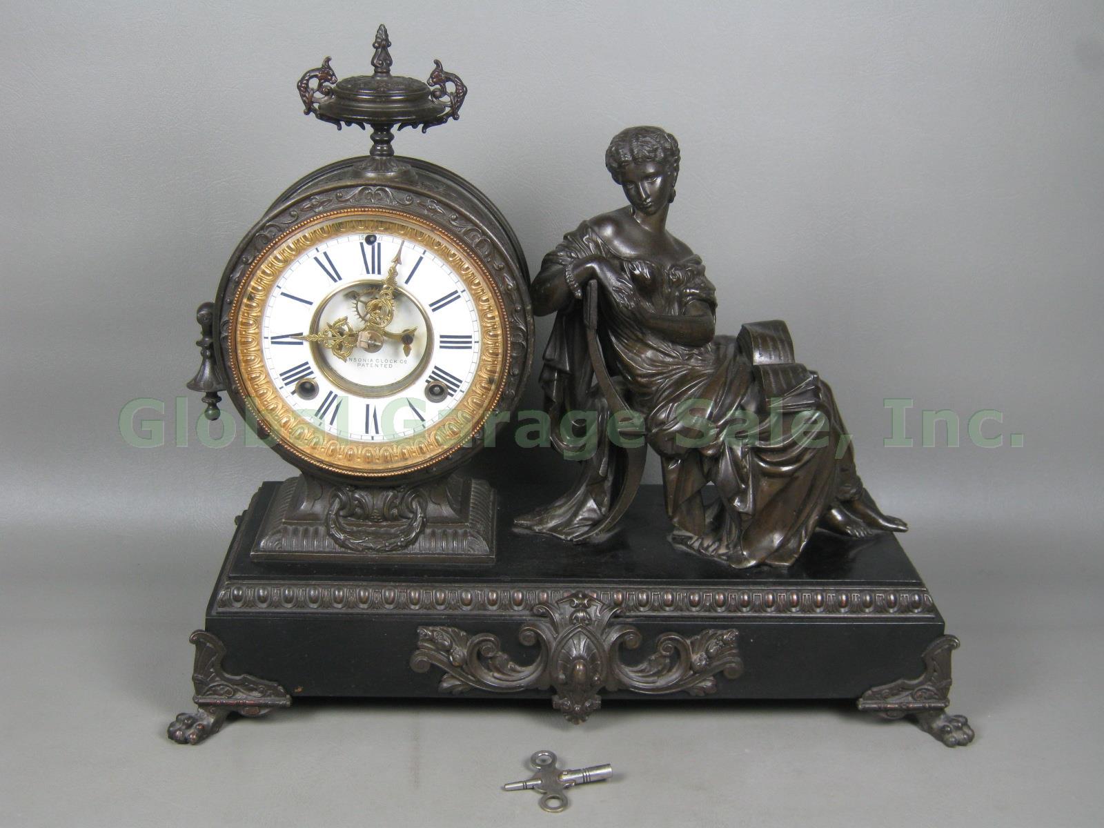 Antique Ansonia Bronze Figural Mantel Mantle Shelf Clock Patent 1882 Lady w/Book