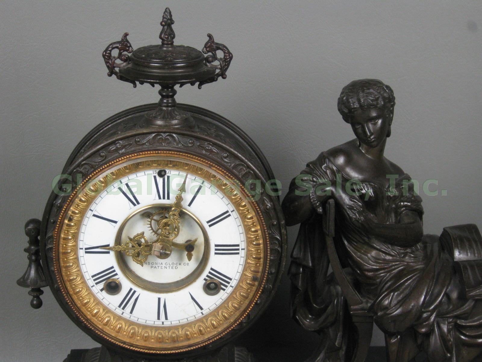 Antique Ansonia Bronze Figural Mantel Mantle Shelf Clock Patent 1882 Lady w/Book 1