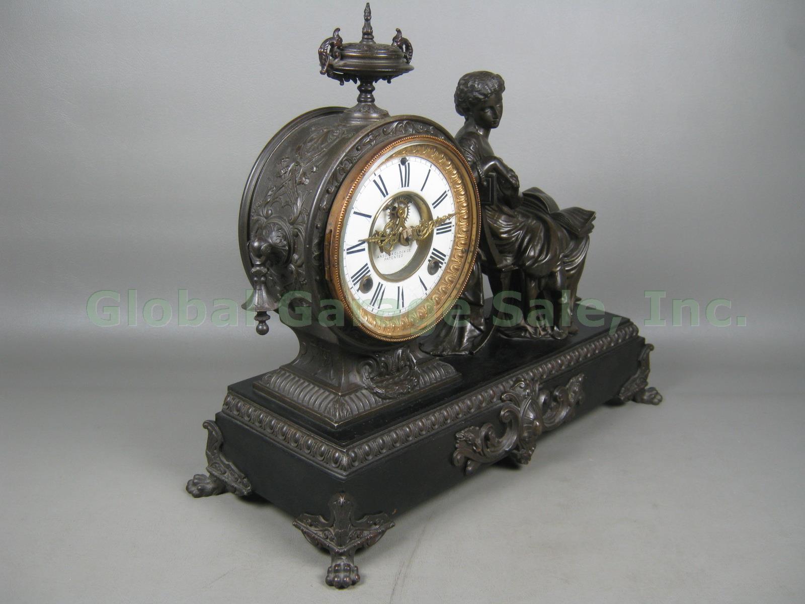 Antique Ansonia Bronze Figural Mantel Mantle Shelf Clock Patent 1882 Lady w/Book 8