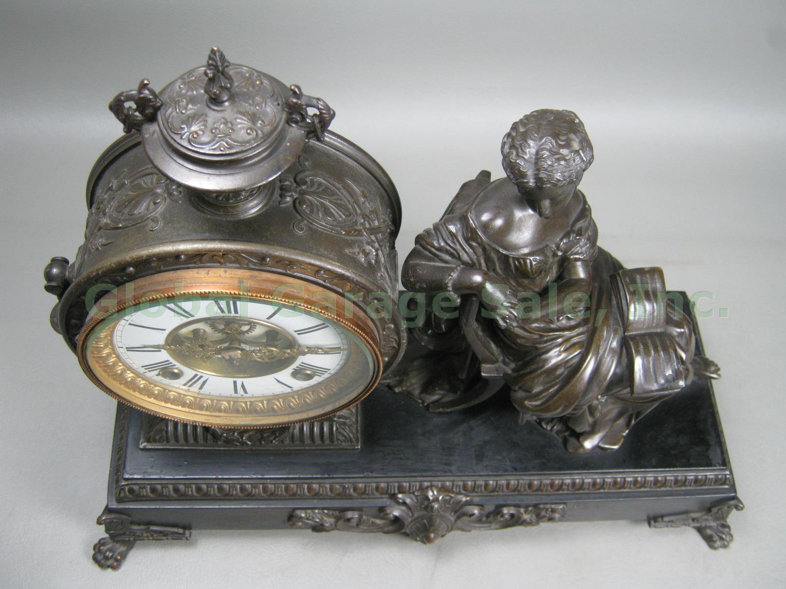 Antique Ansonia Bronze Figural Mantel Mantle Shelf Clock Patent 1882 Lady w/Book 15