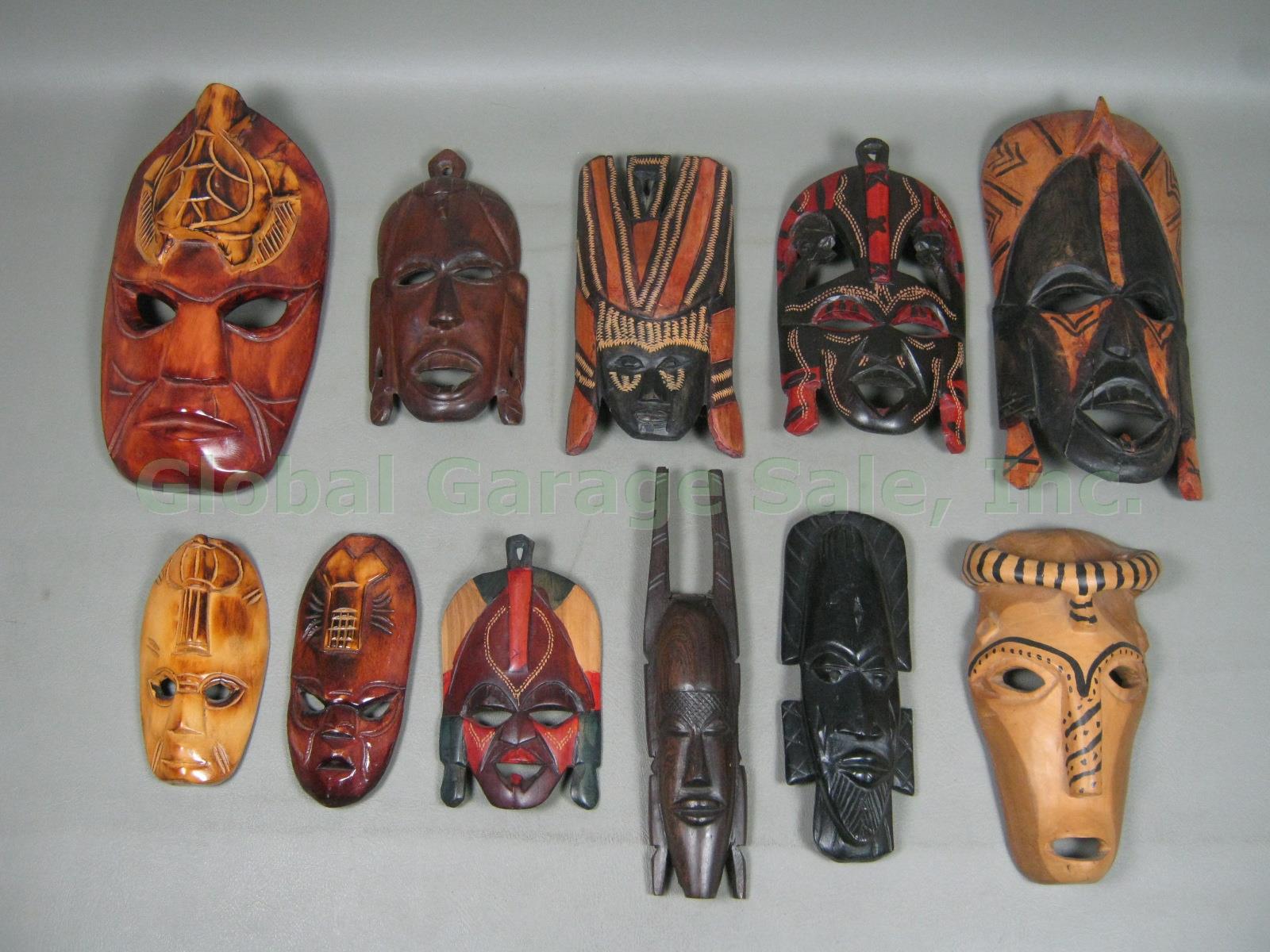 11 Vtg African Carved Wood Wooden Mask Lot Tribal Kenya Zaire Botswana Africa NR