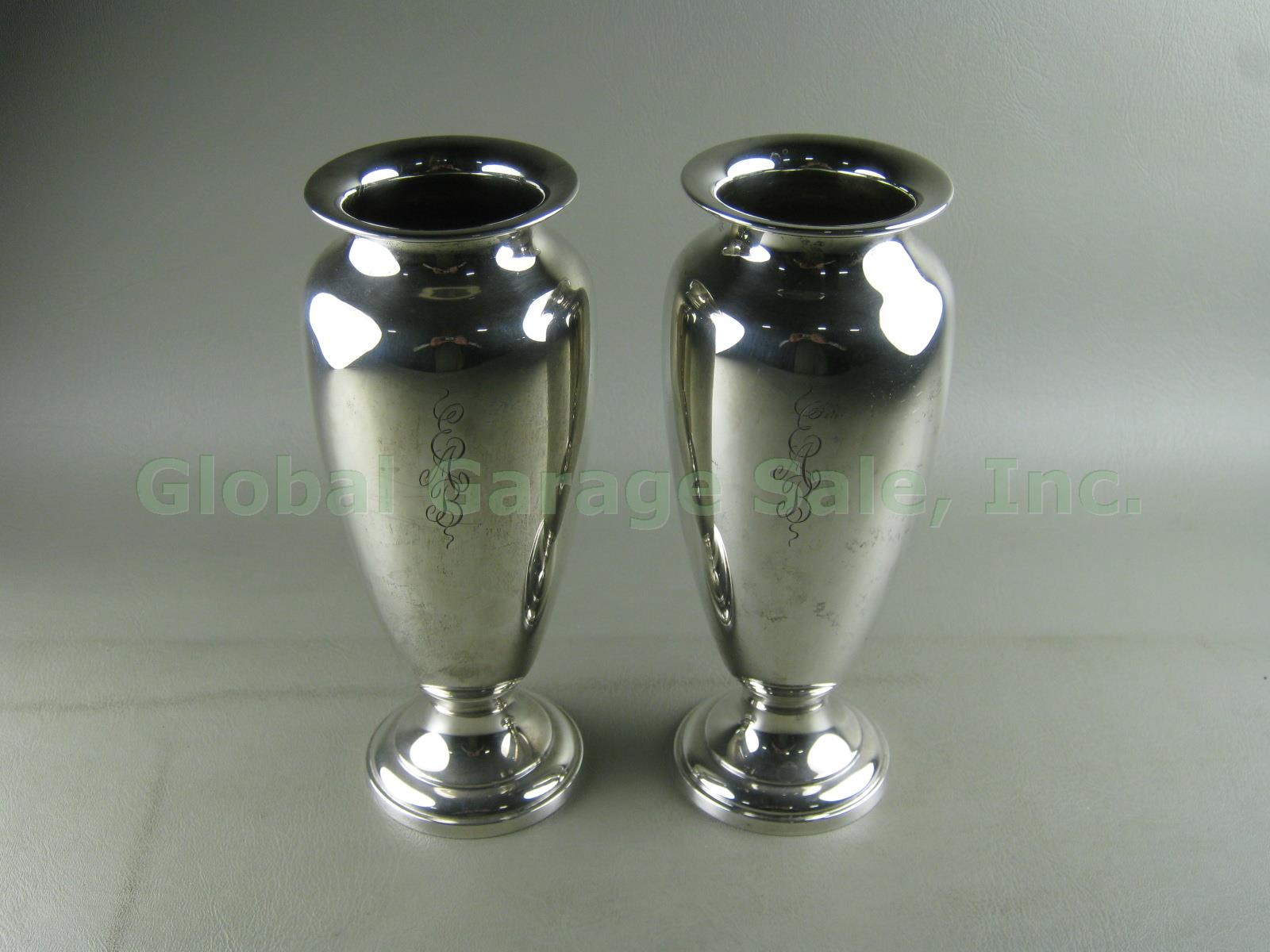 2 Vtg Antique Concord Engraved Sterling Silver Vase Urn Pair Lot Set 623 Grams