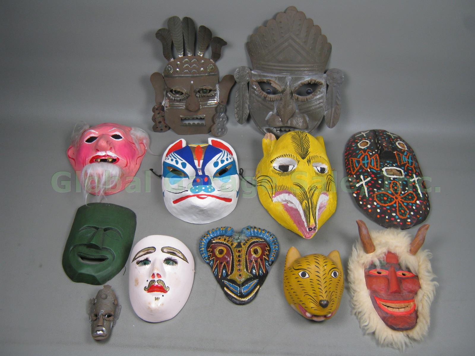 Vtg Mexican Mask Lot Jaguar Dog Devil Huichol Quechua Nayarit Folk Art Tin Wood