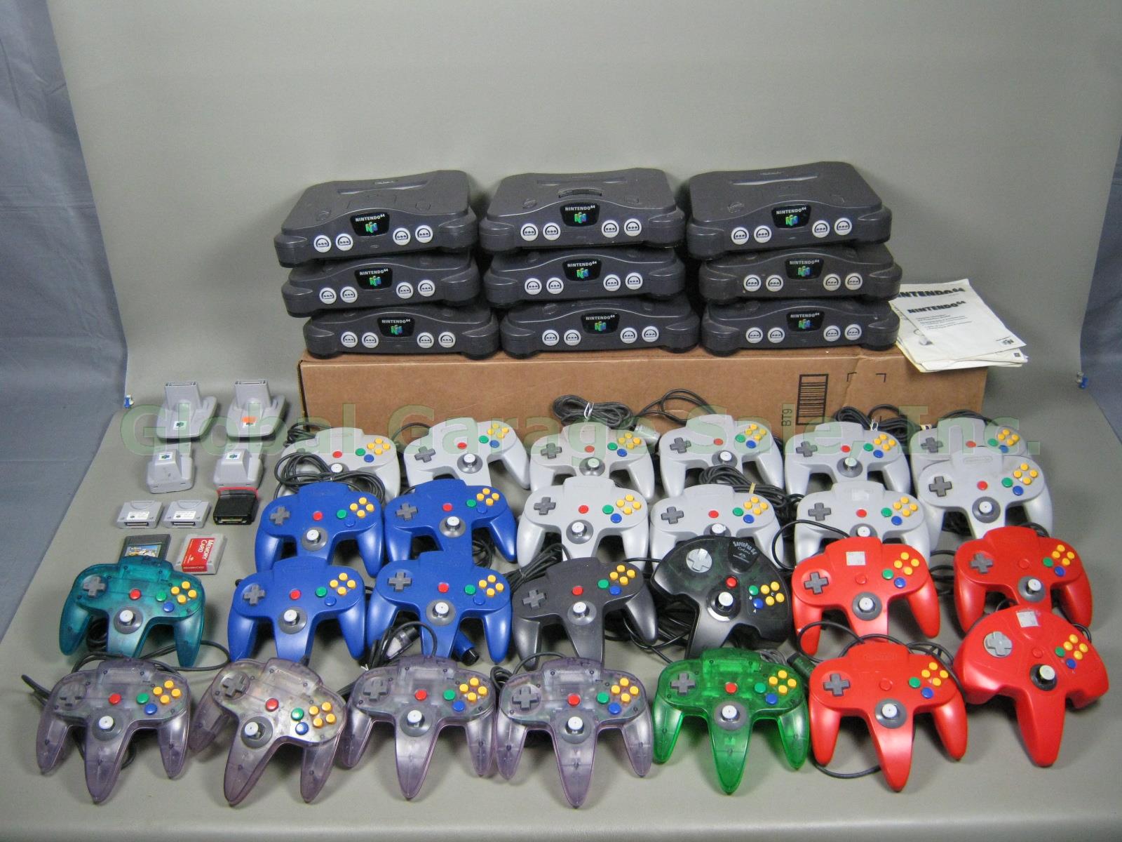 HUGE LOT 9 Nintendo 64 Console Systems 26 Controllers Rumble Pak Memory Card +++